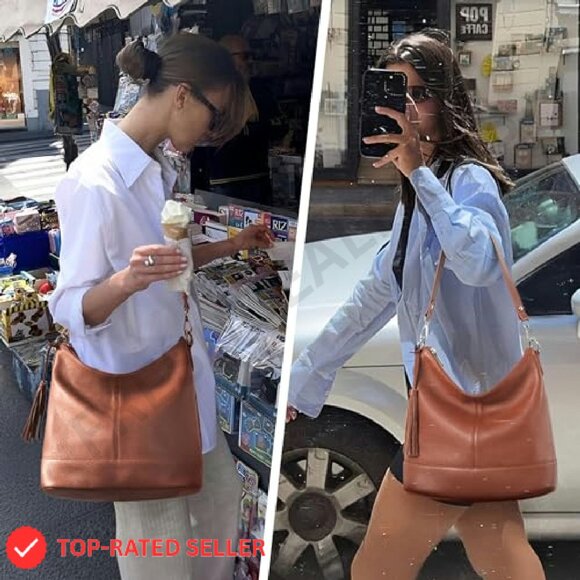 Genuine Leather Hobo Crossbody Bag Soft Slouchy Minimal Chic Classic Style - Picture 3 of 8